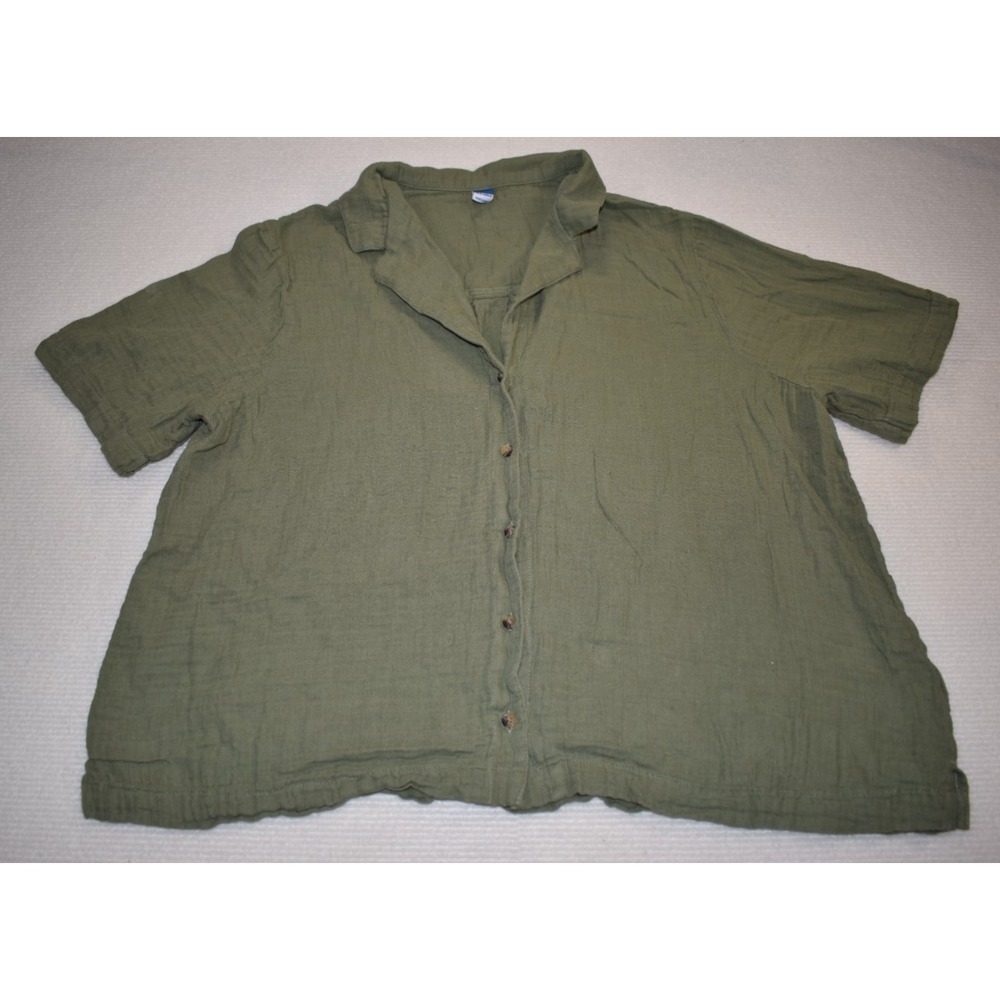 Old Navy Women's Large Green Collared Button-Up Short Sleeve Woven Cotton Top
